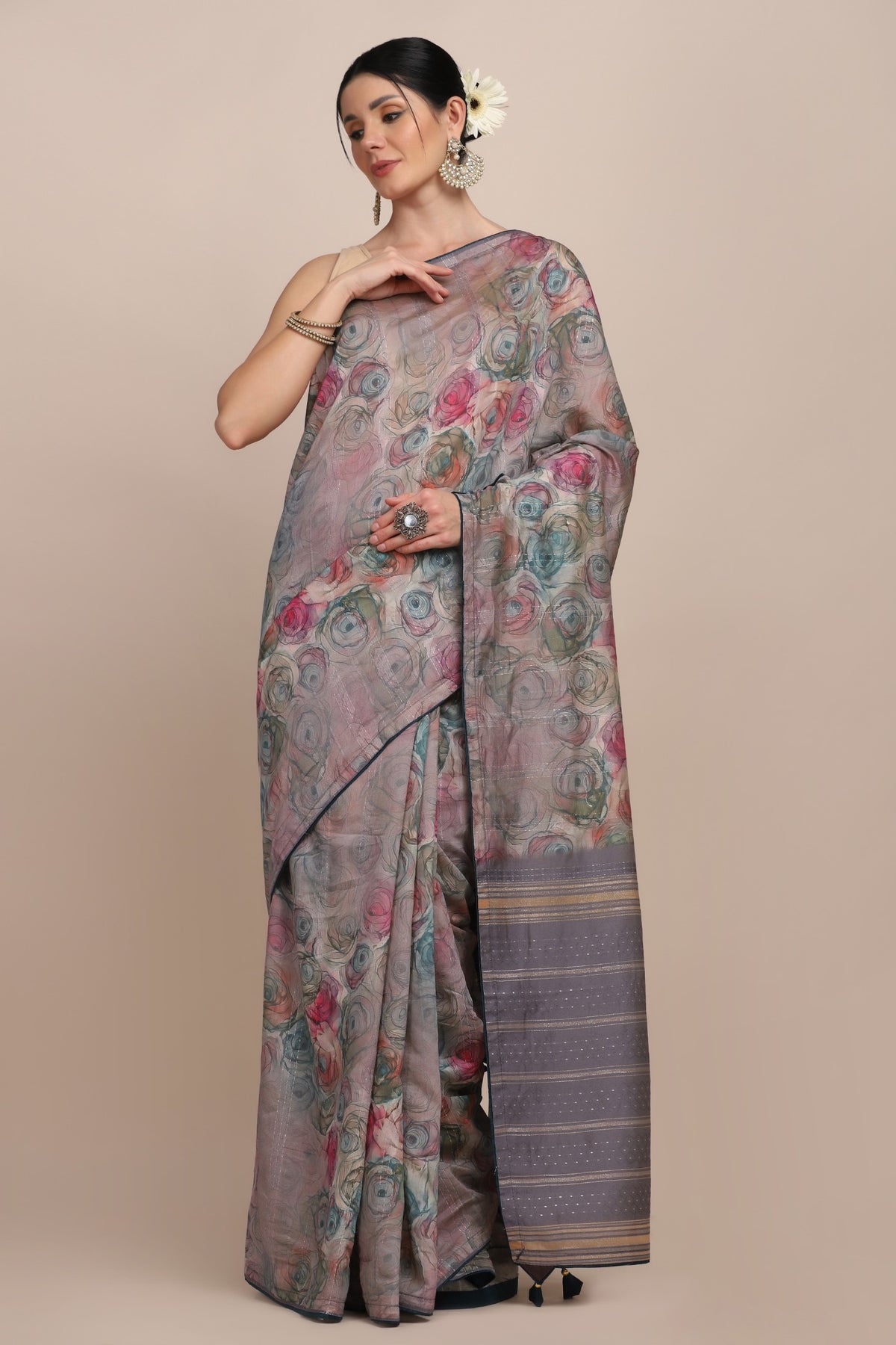 Classy multi color floral motif printed saree