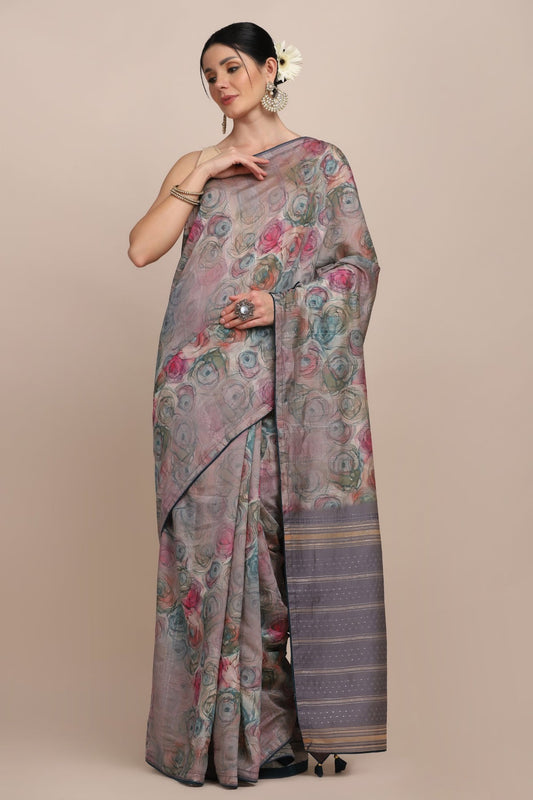 Classy multi color floral motif printed saree