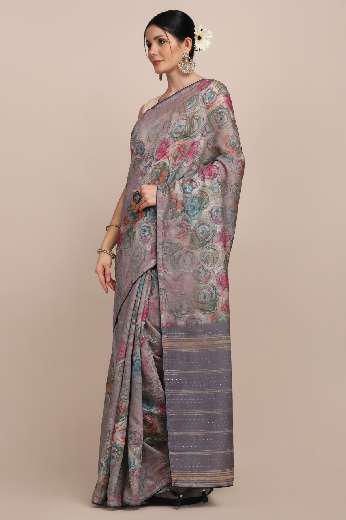 Classy multi color floral motif printed saree