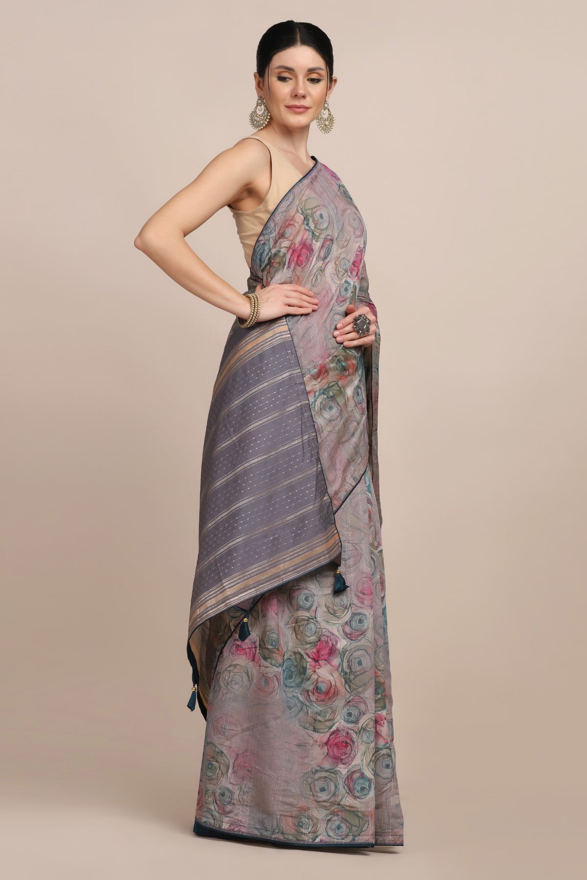 Classy multi color floral motif printed saree