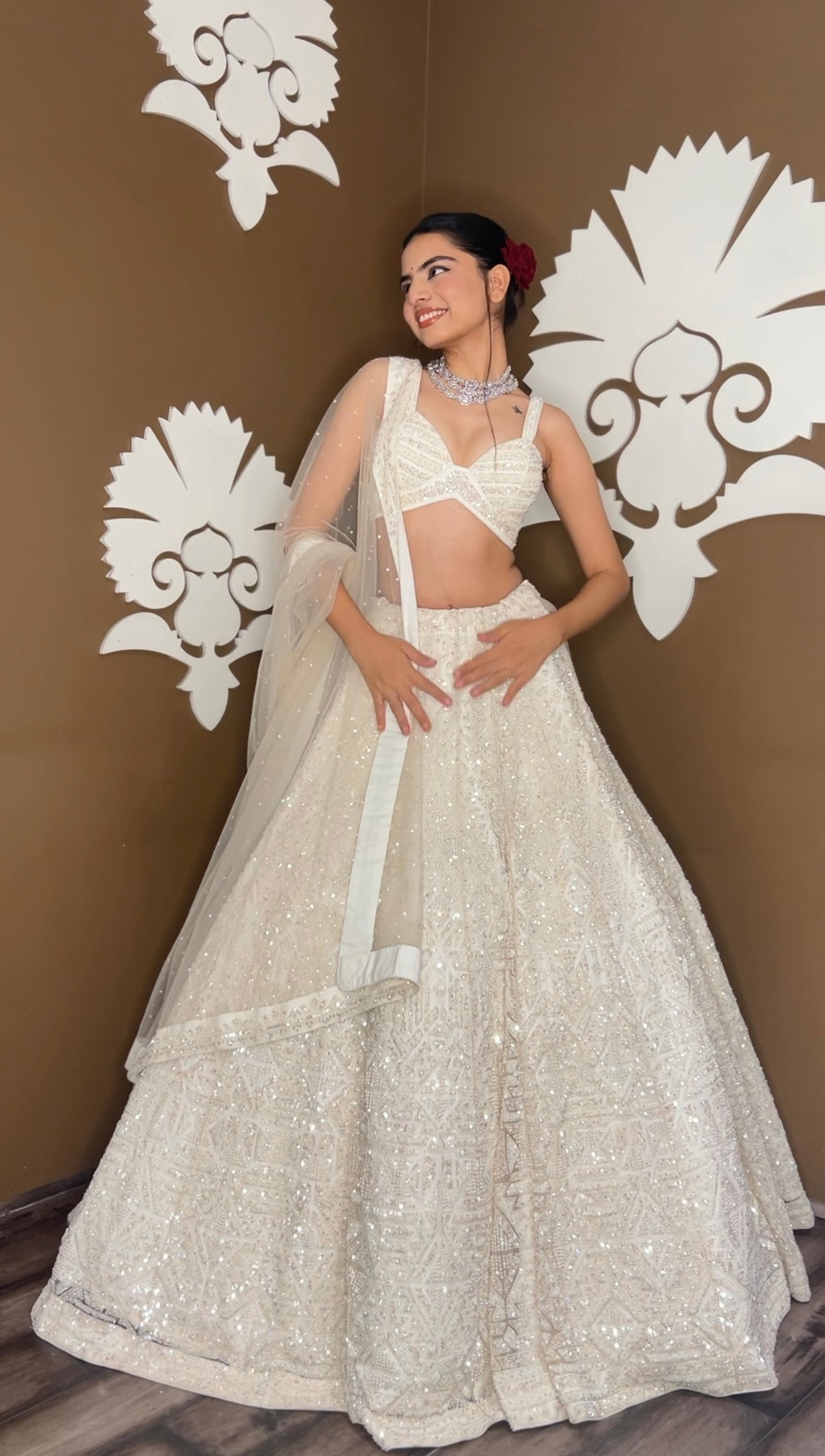 Beautiful white color floral motif embroidered lehanga