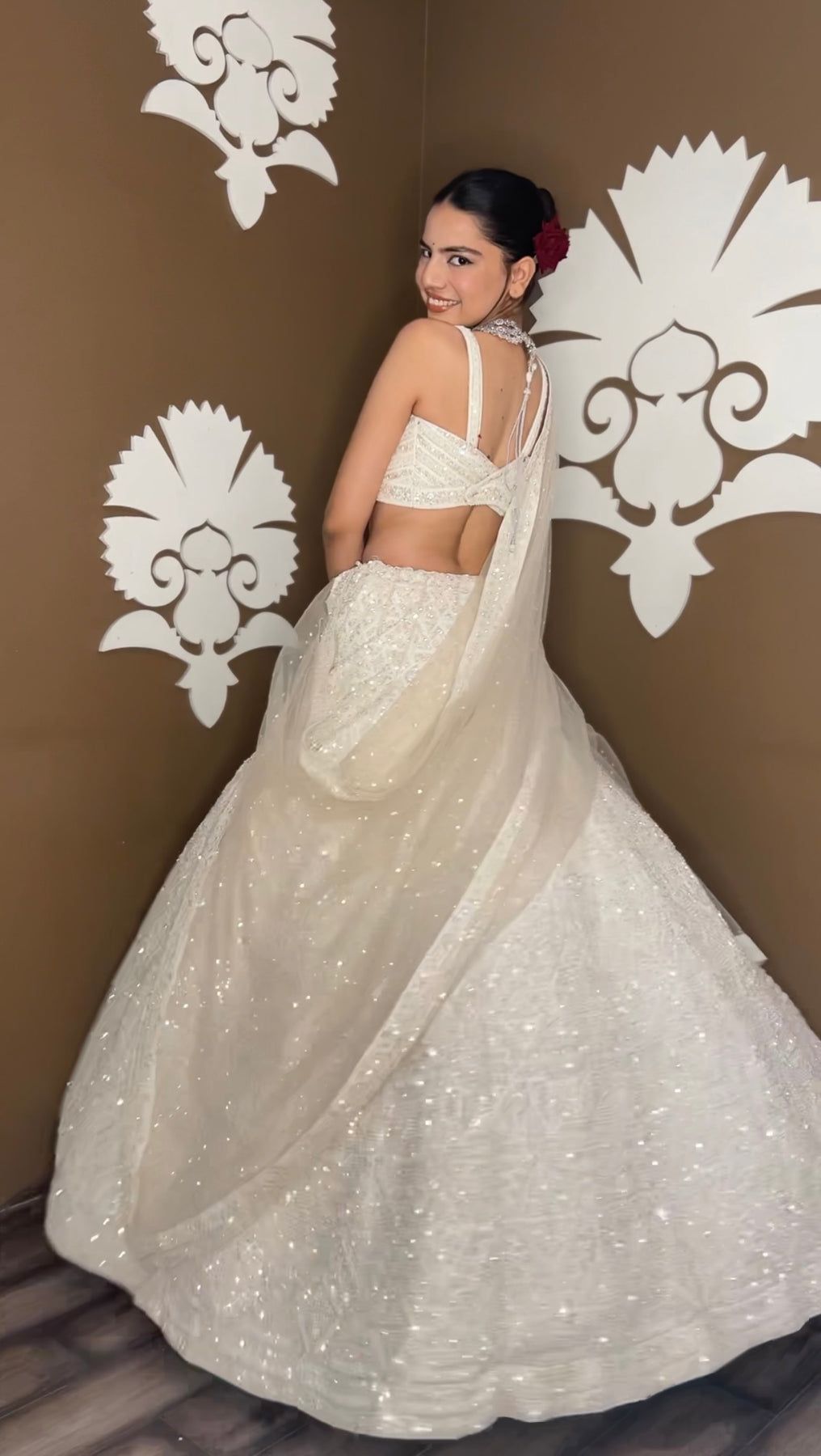 Beautiful white color floral motif embroidered lehanga