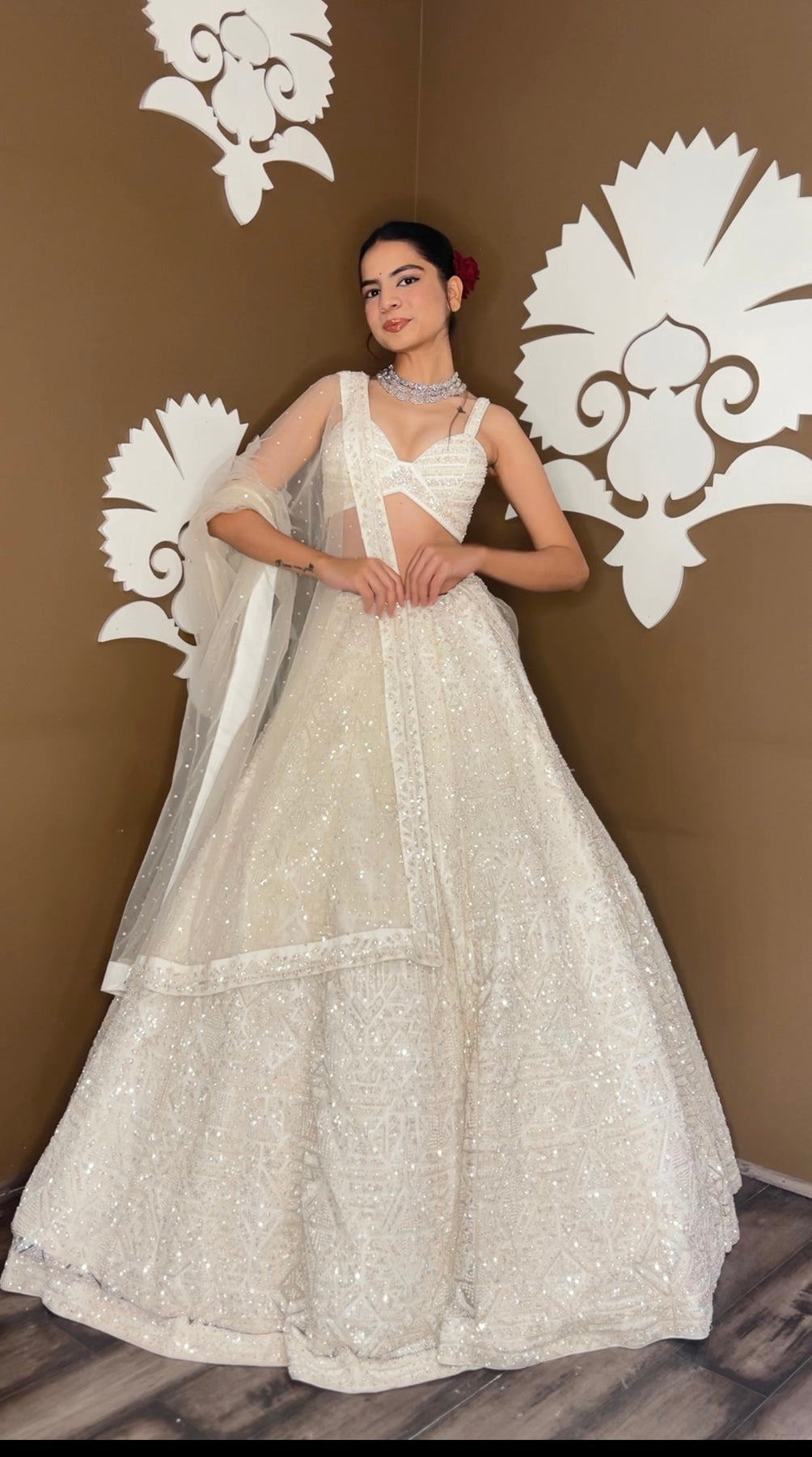 Beautiful white color floral motif embroidered lehanga