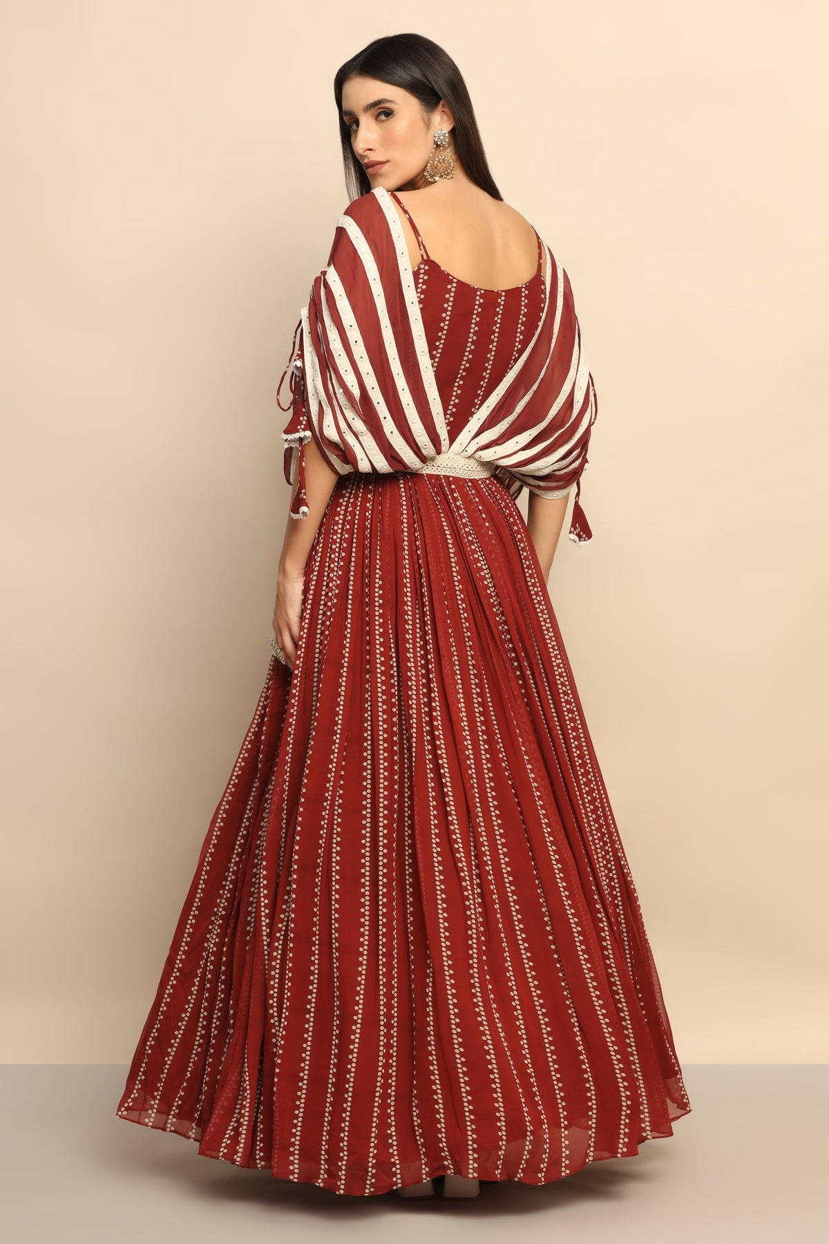 Mystique Brown Georgette Dress with Mirror Thread Work