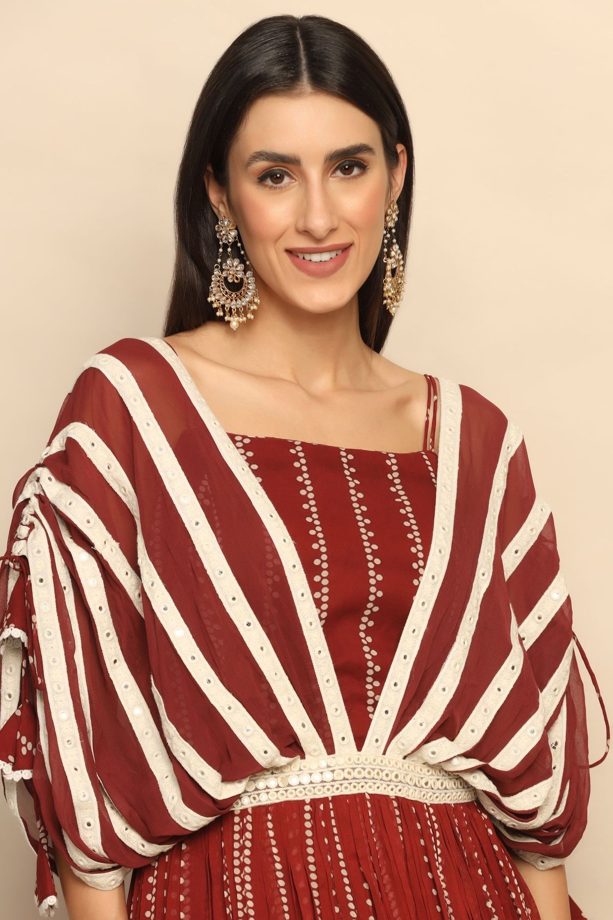 Mystique Brown Georgette Dress with Mirror Thread Work