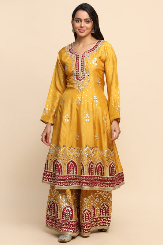 Beautiful Mustard Color Floral Motif Embroidered Sharara Set