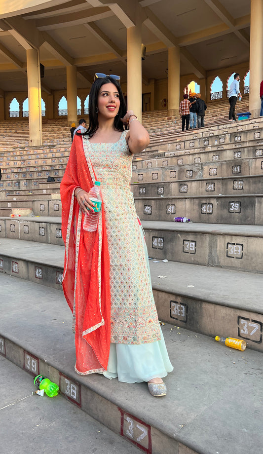 stylish light blue floral motif embroidered sharara set