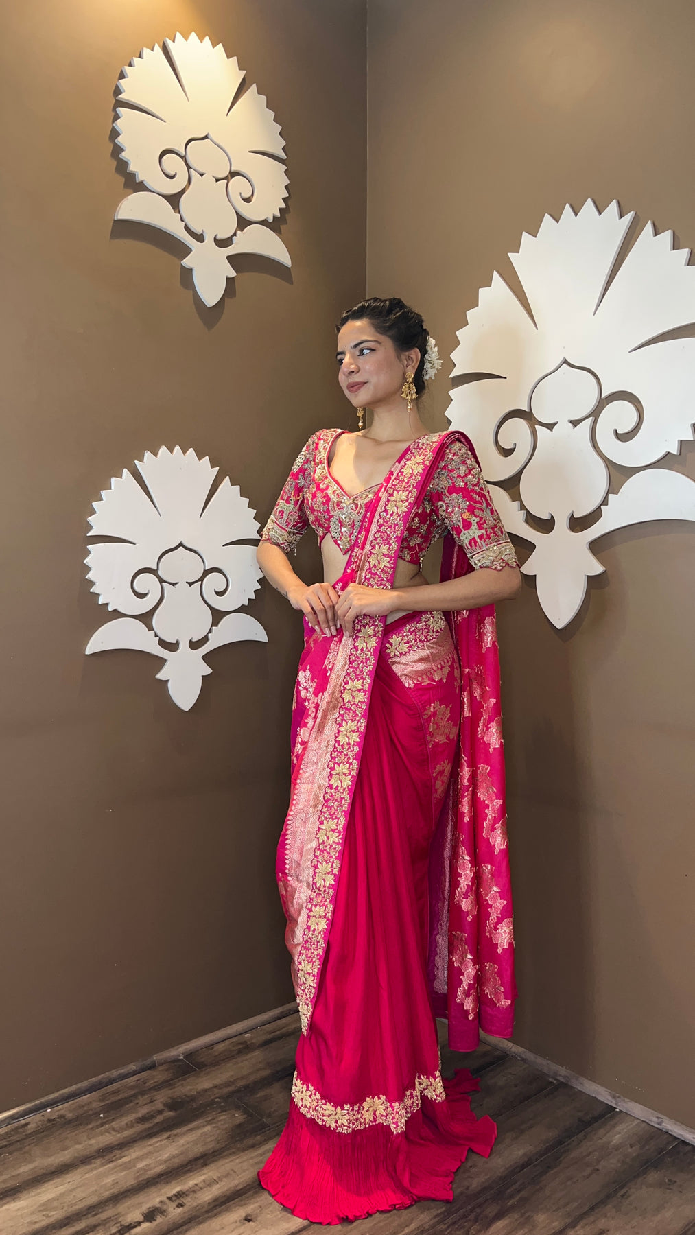 Classy Magenta Pink Embroidered Saree With Frill