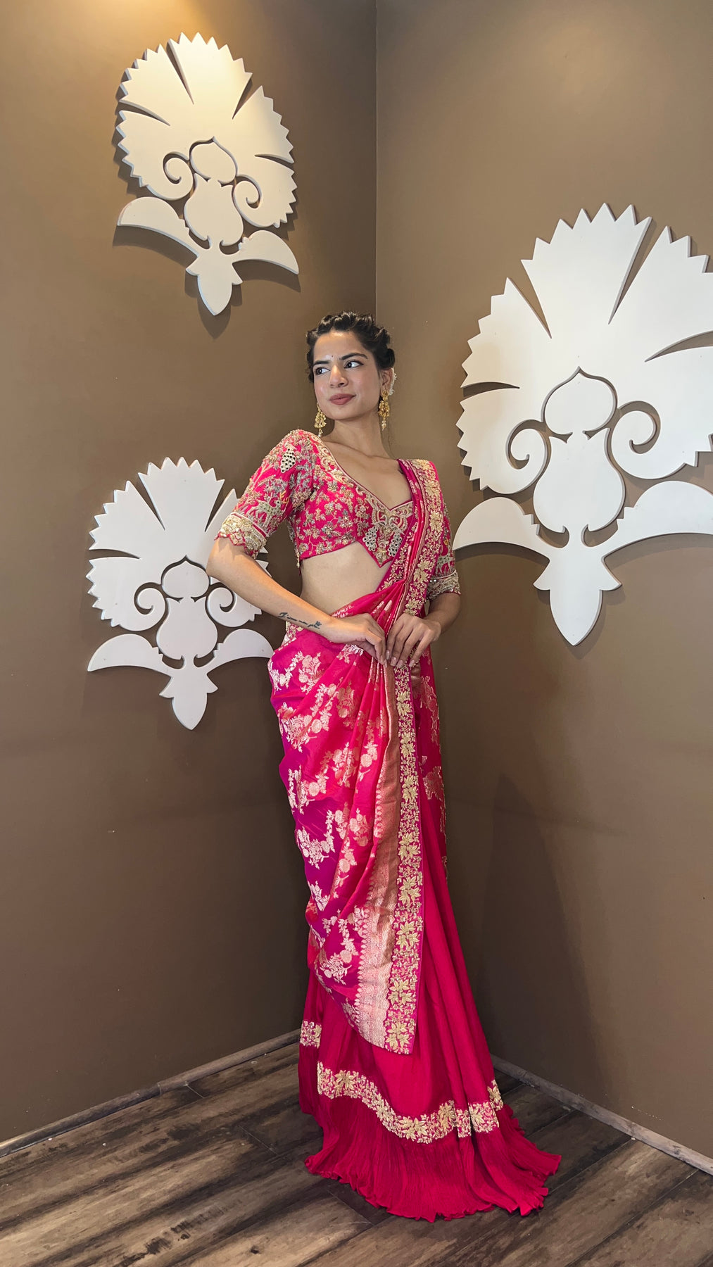 Classy Magenta Pink Embroidered Saree With Frill