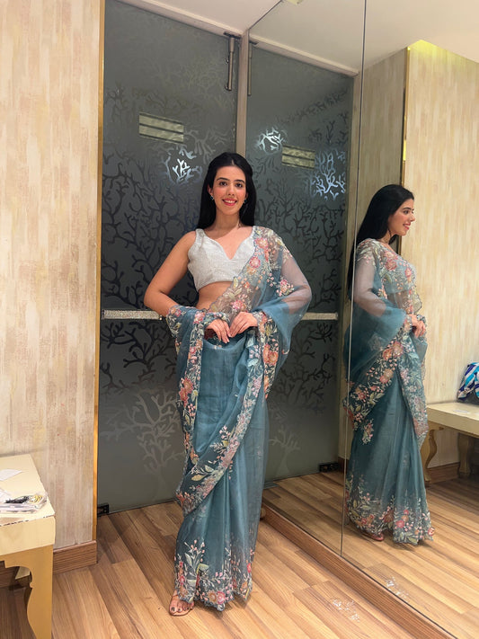 Beautiful blue color floral motif embroidered saree