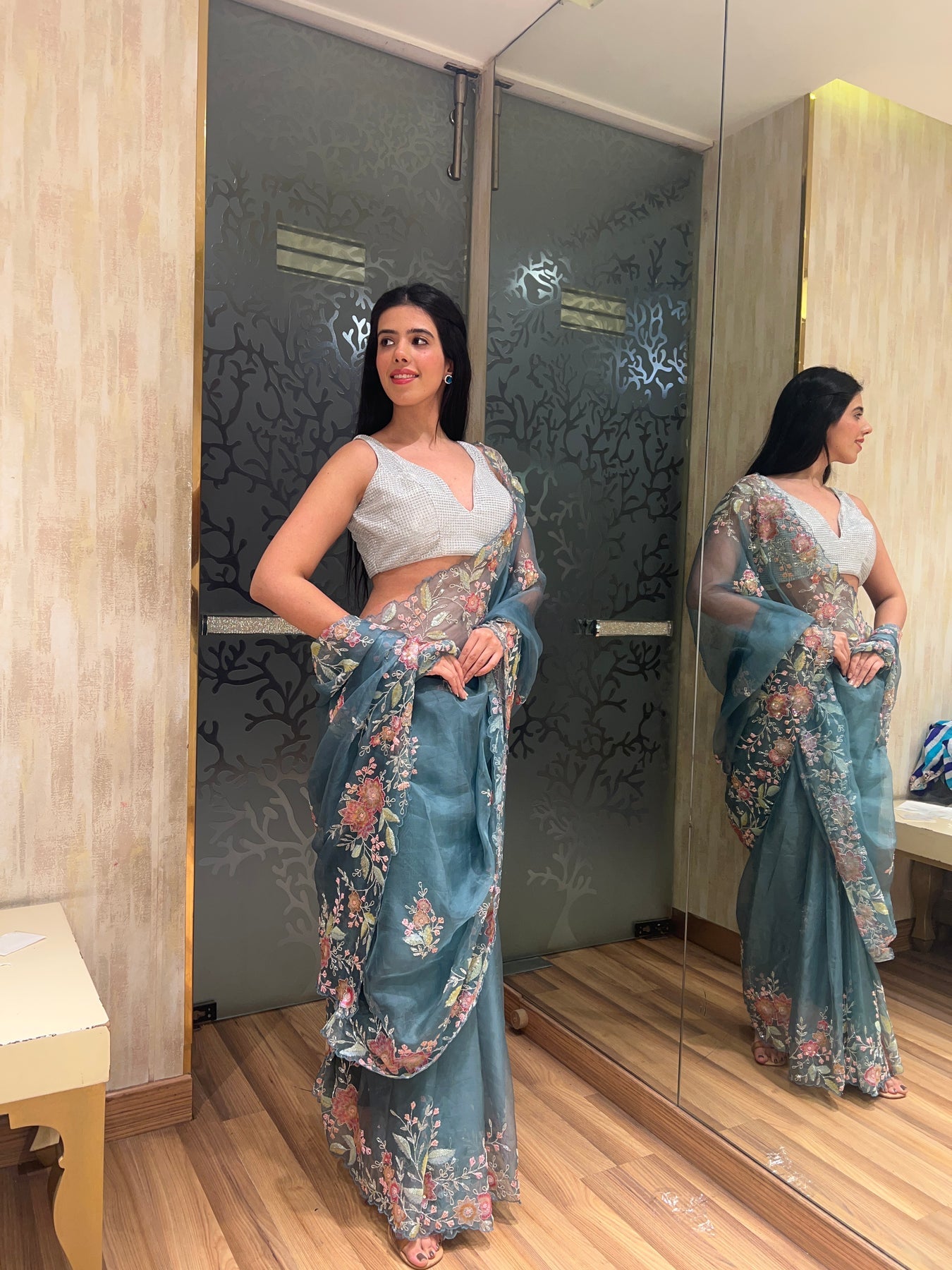 Beautiful blue color floral motif embroidered saree