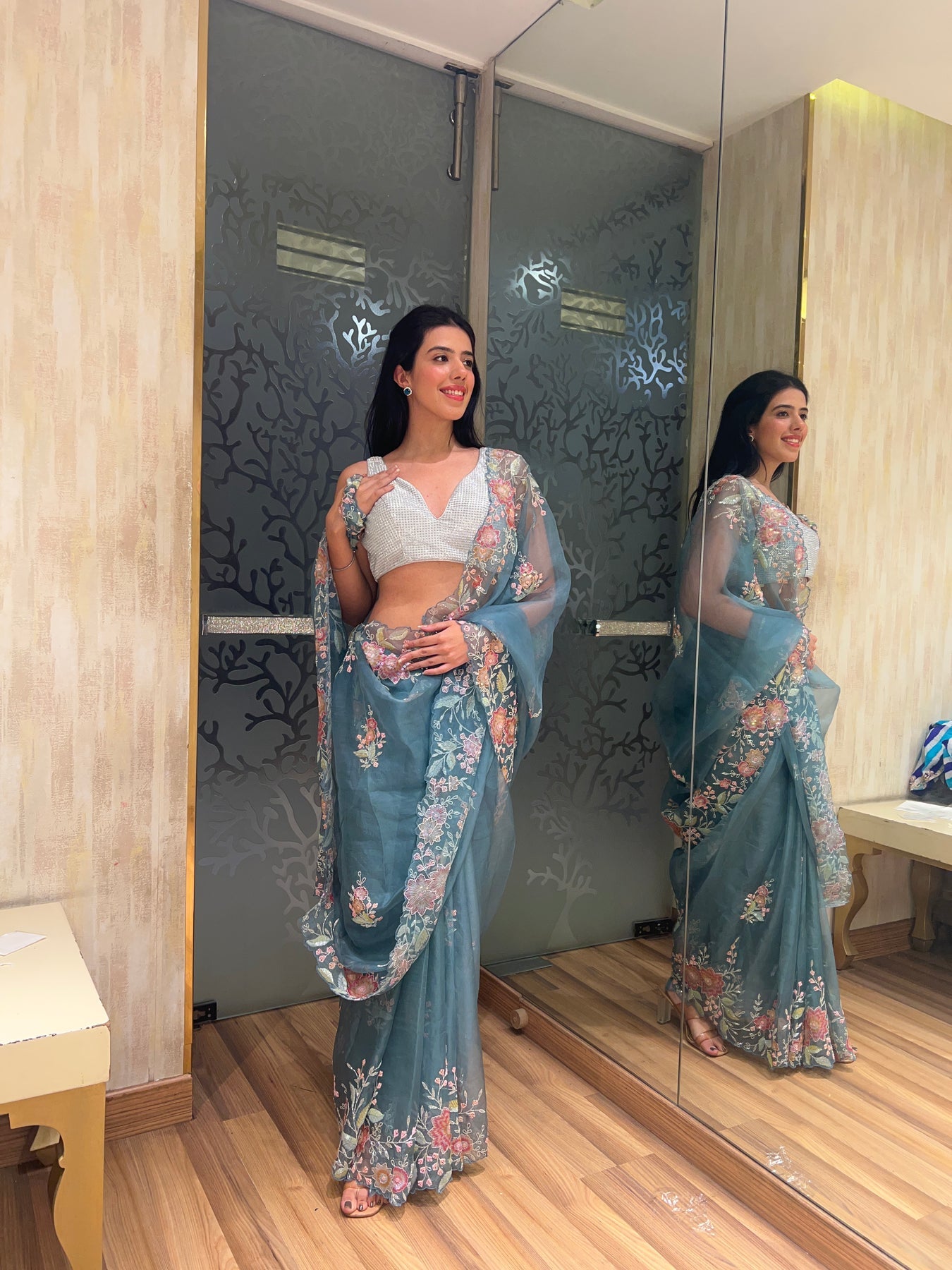 Beautiful blue color floral motif embroidered saree