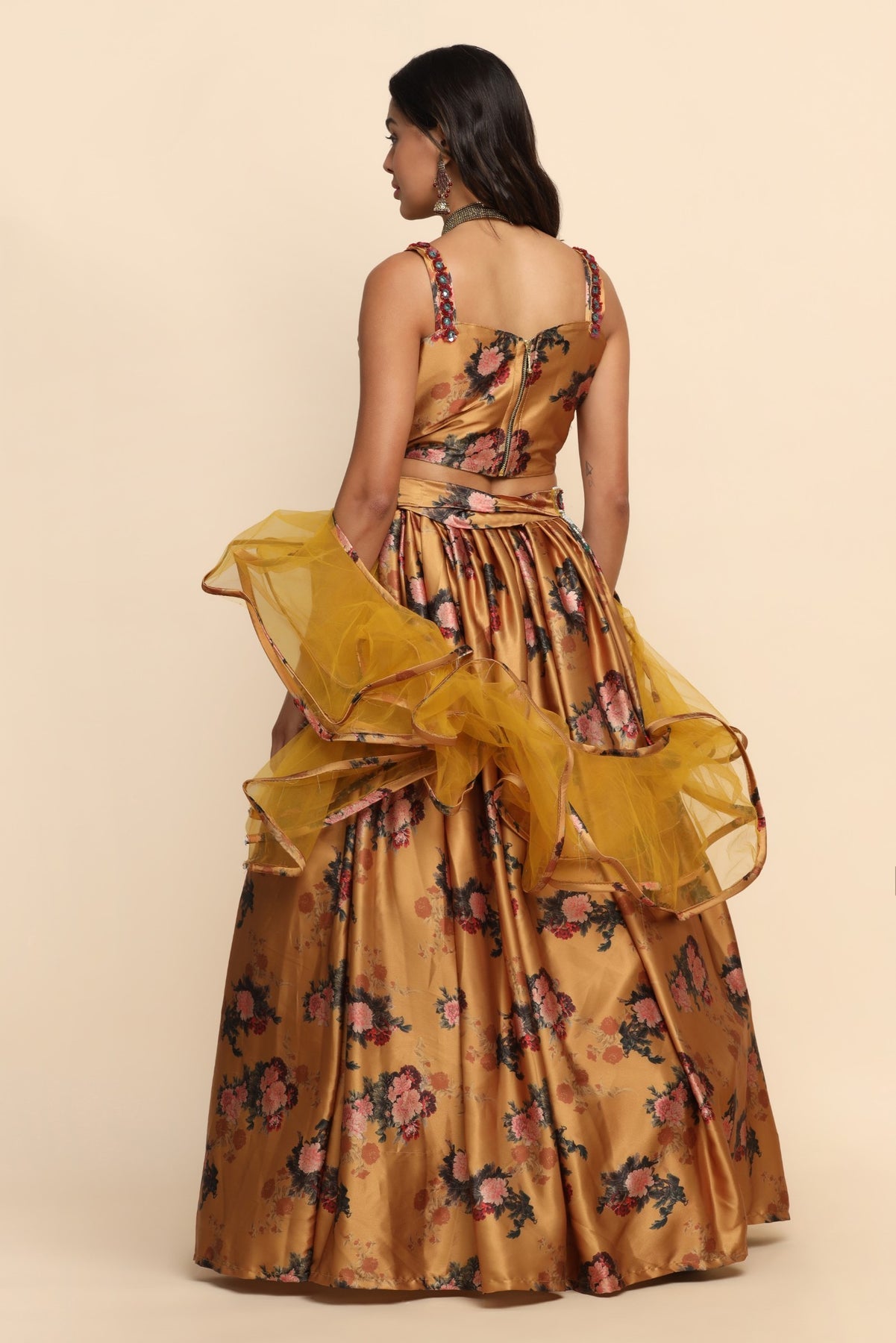 Beautiful mustard color floral motif printed and embroidered lehenga