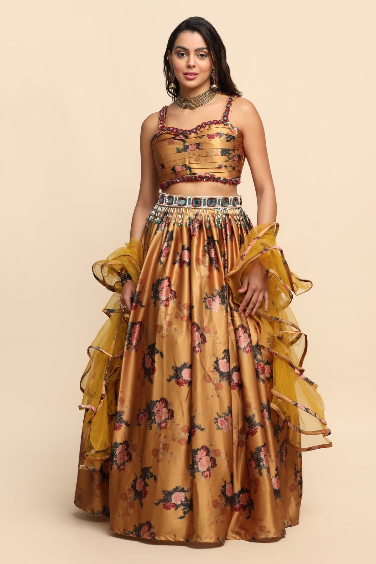 Beautiful mustard color floral motif printed and embroidered lehenga