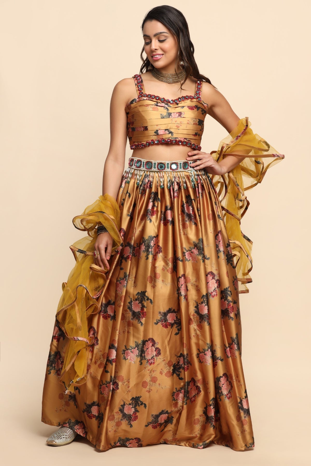 Beautiful mustard color floral motif printed and embroidered lehenga