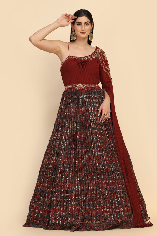 Classy Marron color floral printed dress