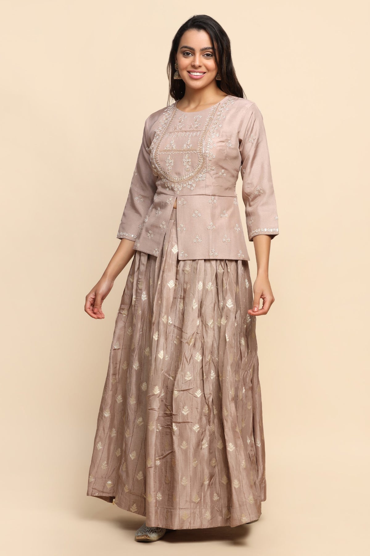 Elegant Light brown color floral motif embroidered lehenga set