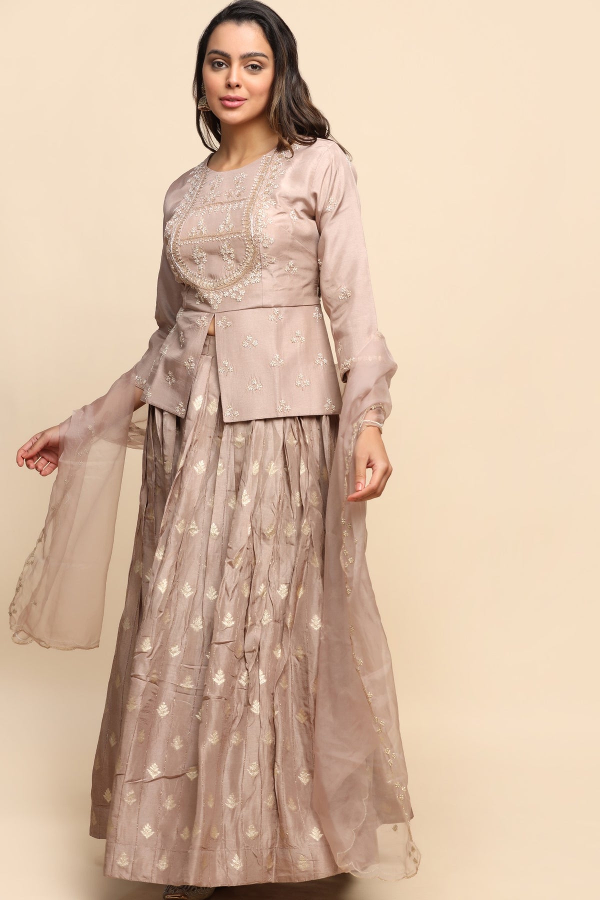 Elegant Light brown color floral motif embroidered lehenga set