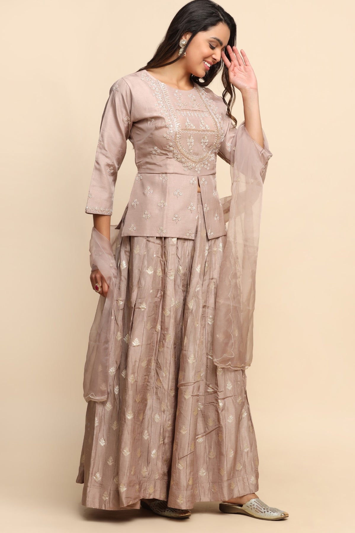 Elegant Light brown color floral motif embroidered lehenga set