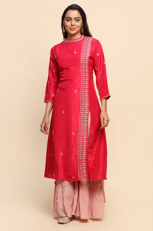Beautiful pink color floral motif embroidered kurti with sharara