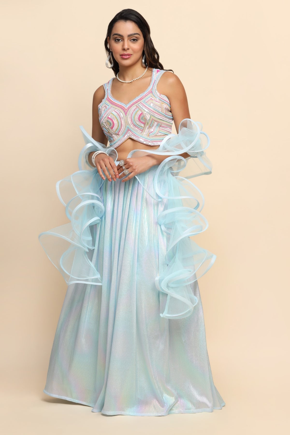 Trendy ice blue color embroidered lehenga