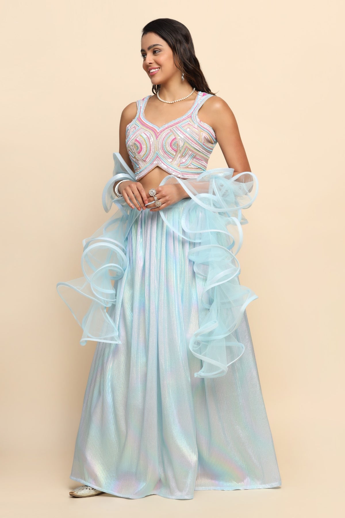 Trendy ice blue color embroidered lehenga