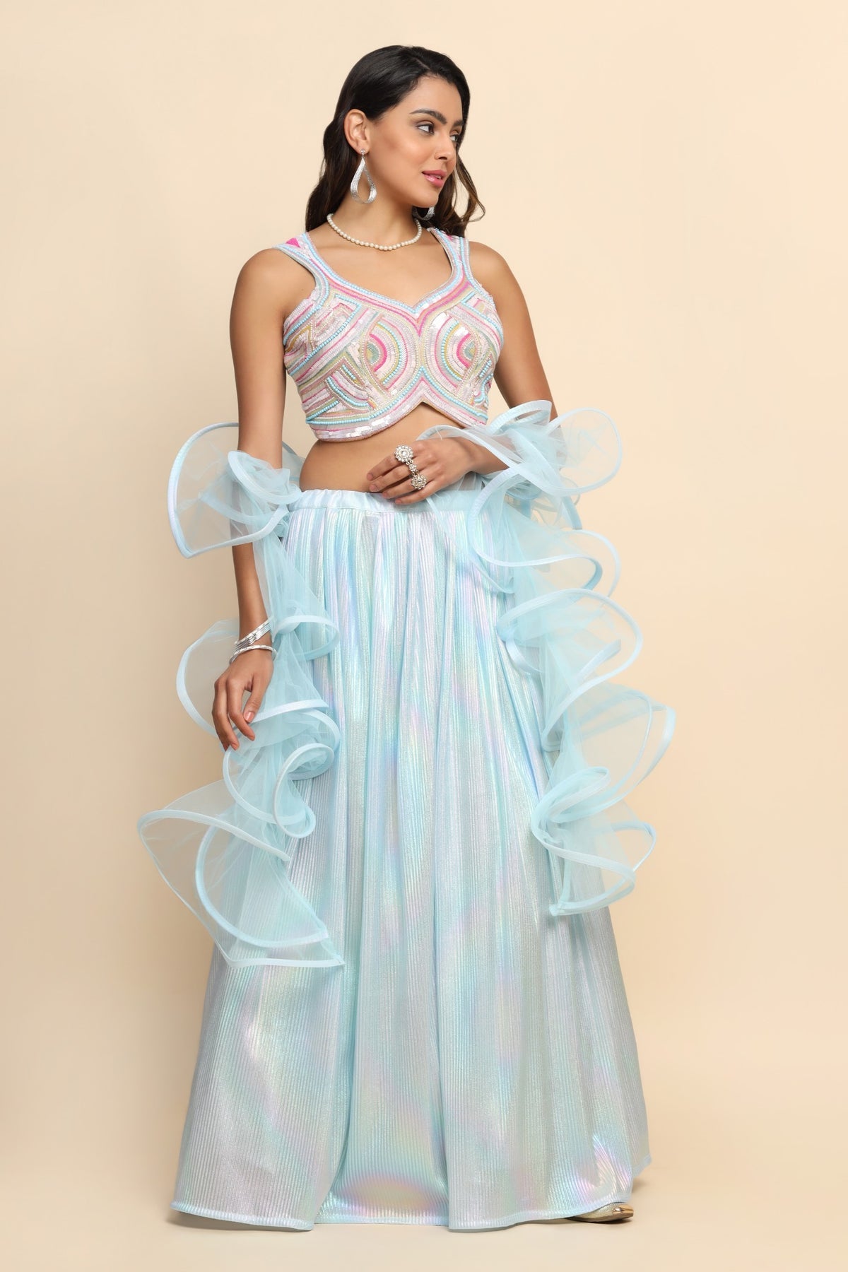 Trendy ice blue color embroidered lehenga