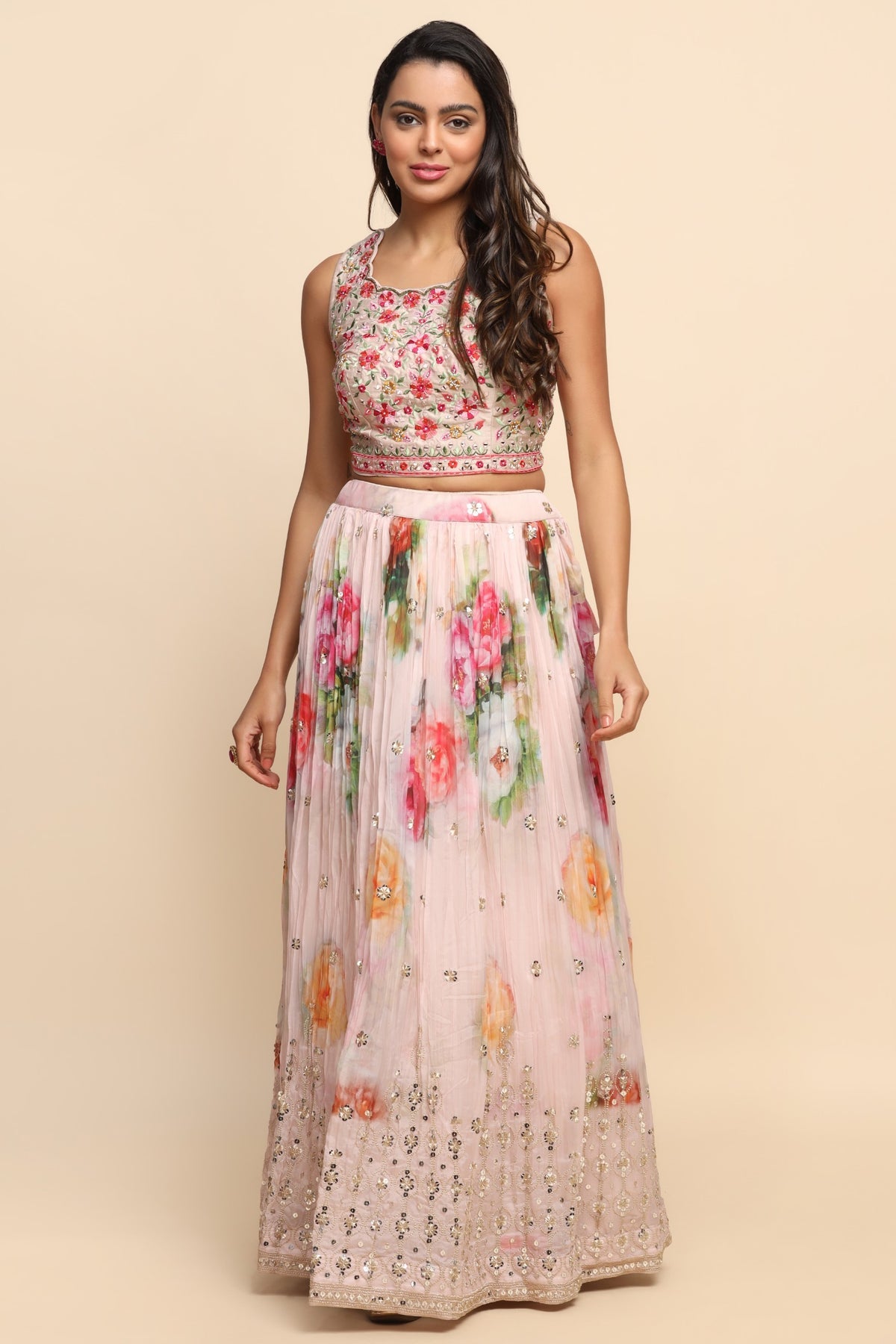 Light Pink Color Floral Printed and Embroidered Lehenga Set