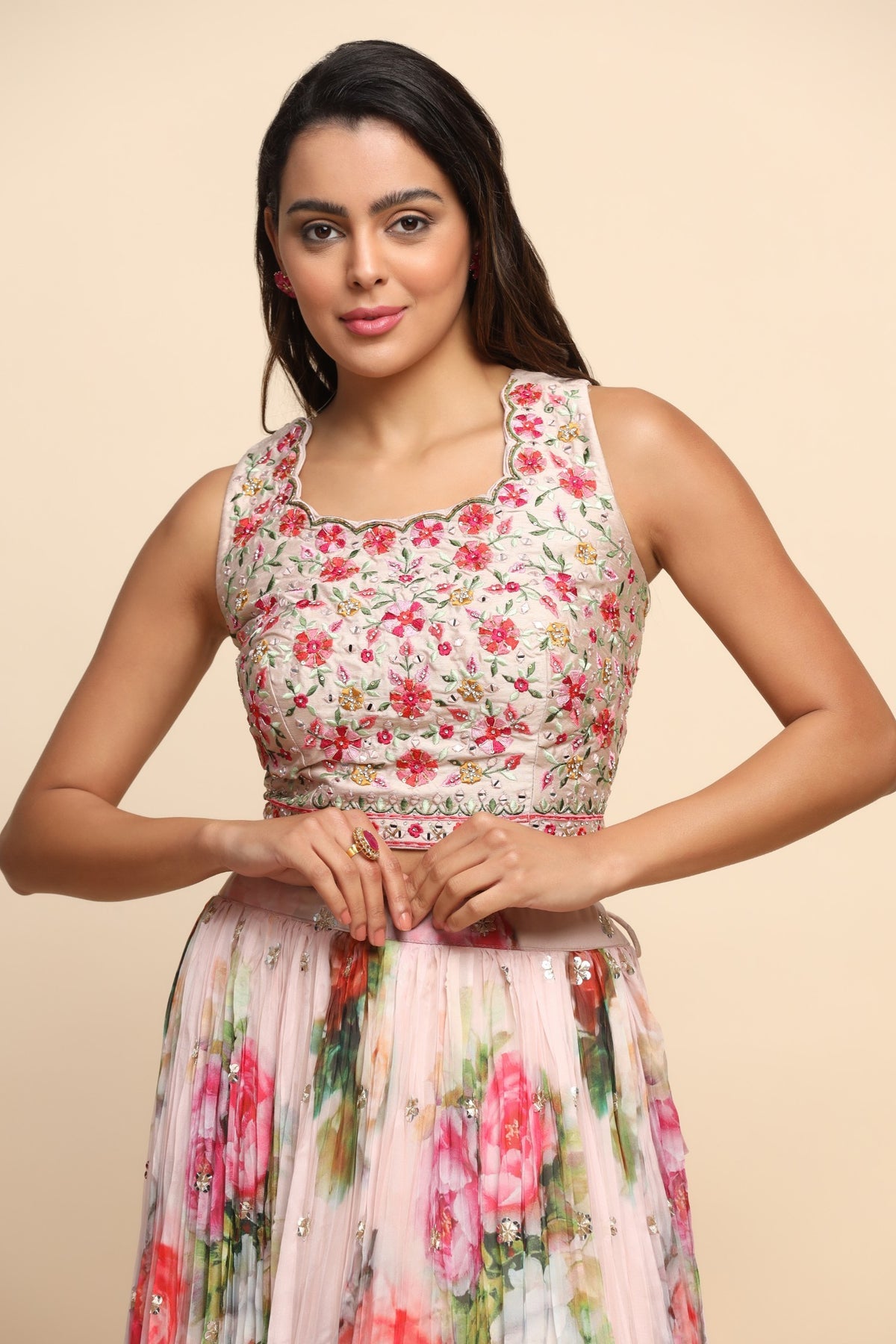 Light Pink Color Floral Printed and Embroidered Lehenga Set