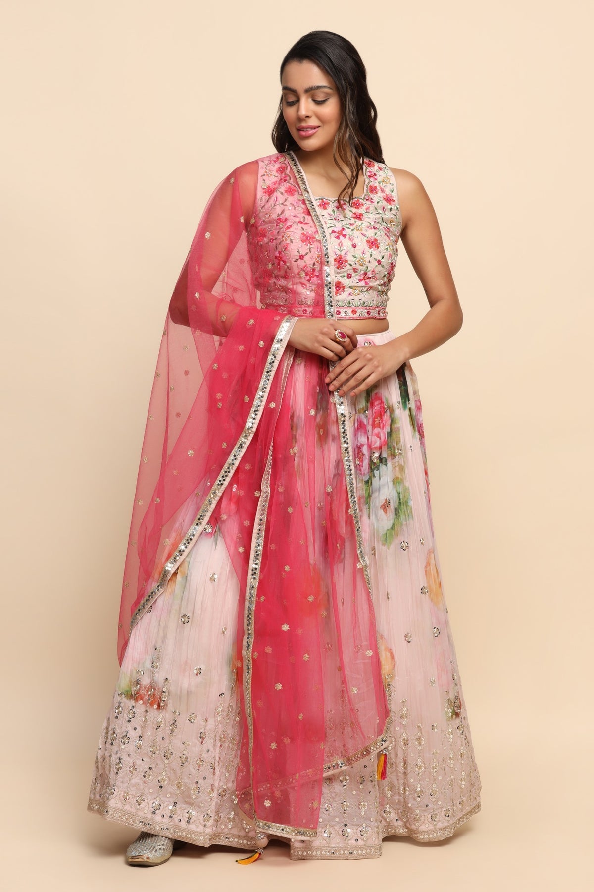 Light Pink Color Floral Printed and Embroidered Lehenga Set