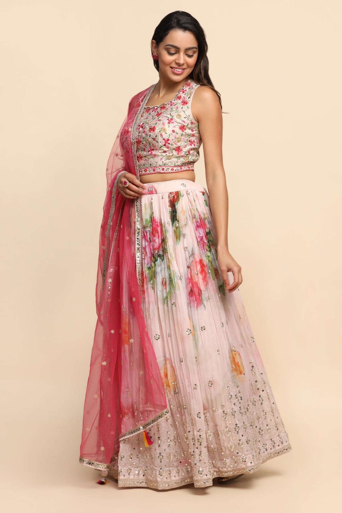 Light Pink Color Floral Printed and Embroidered Lehenga Set