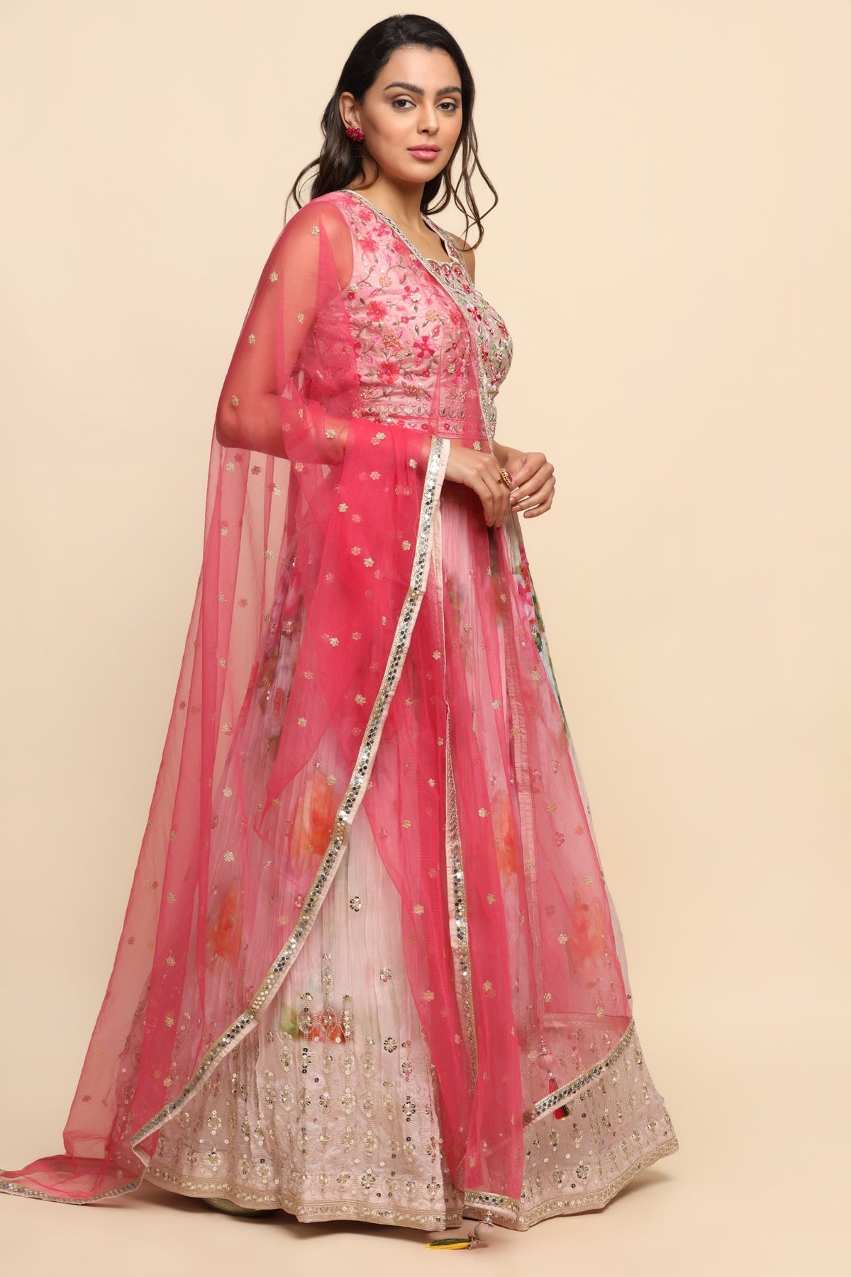 Light Pink Color Floral Printed and Embroidered Lehenga Set