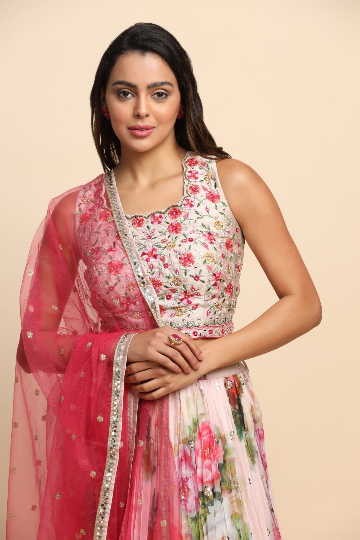 Light Pink Color Floral Printed and Embroidered Lehenga Set