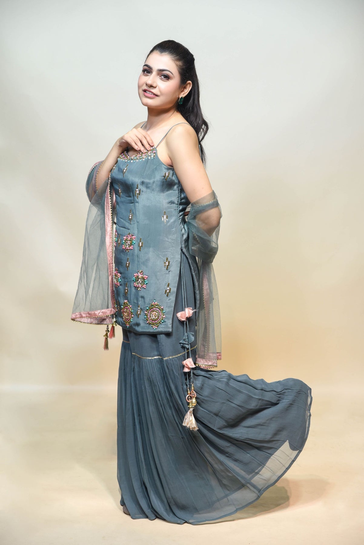 Elegant Blue Color Floral Motif Embroidered Sharara Set