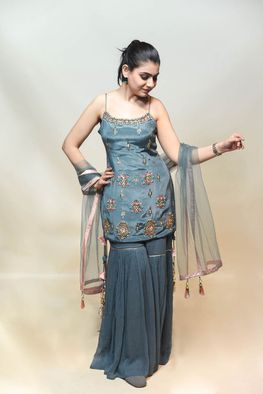 Elegant Blue Color Floral Motif Embroidered Sharara Set