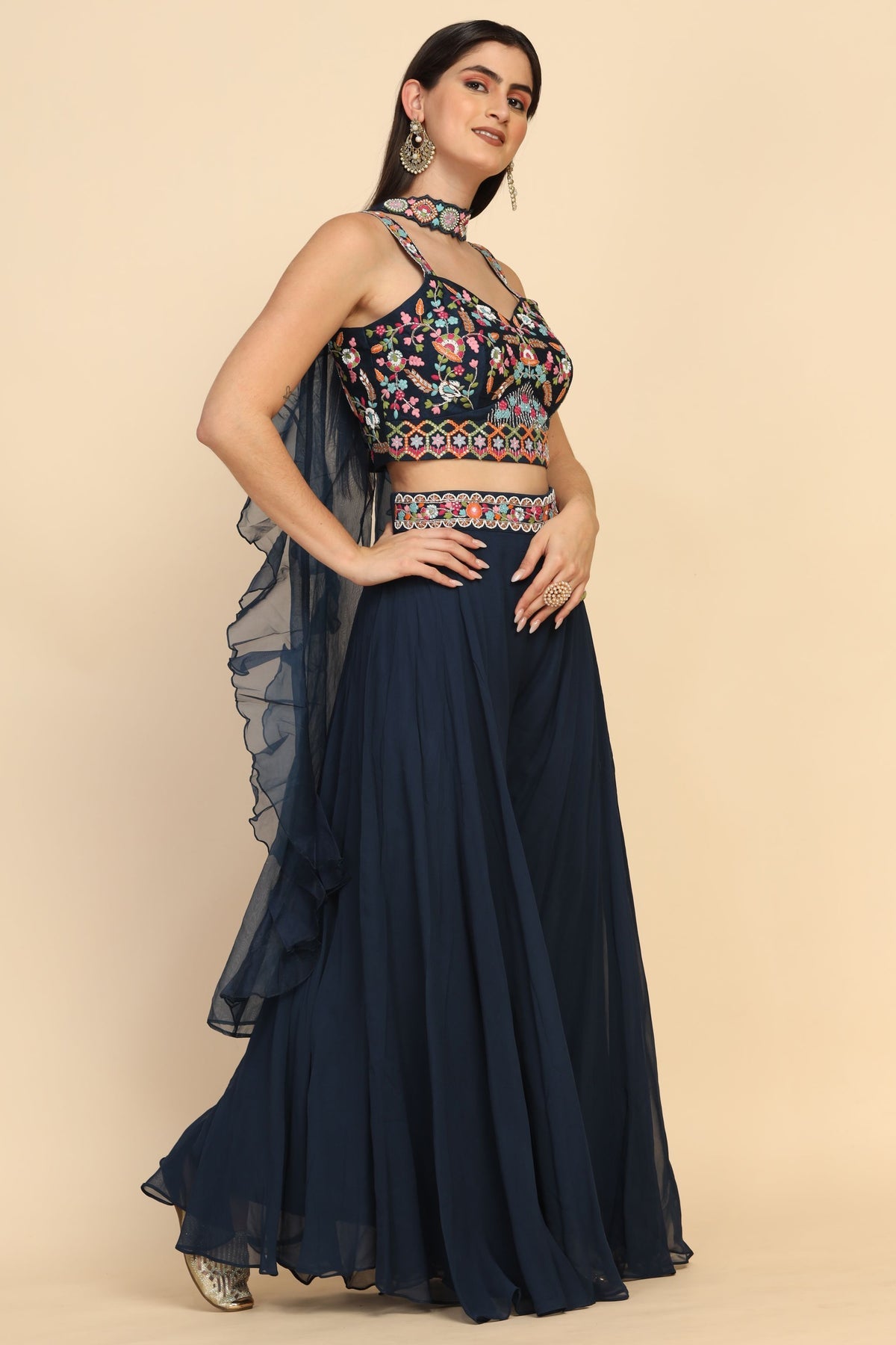 Classic Blue color floral motif embroidered palazzo set