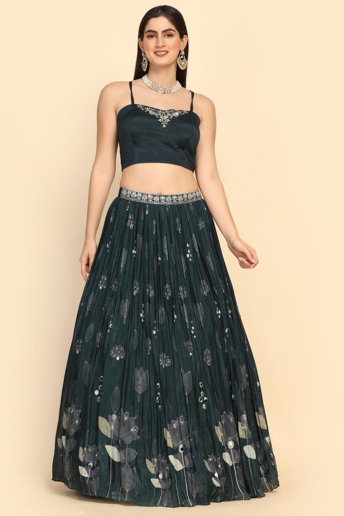 trending bottle green embroidered lehenga