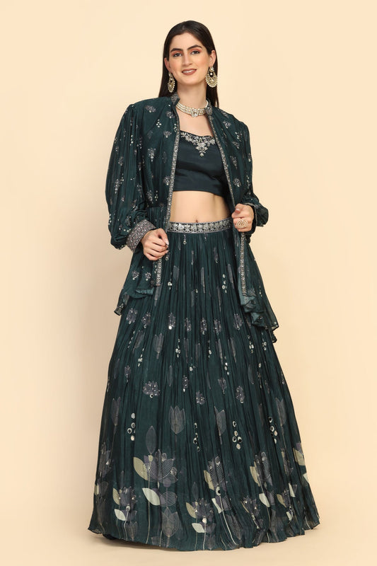 trending bottle green embroidered lehenga