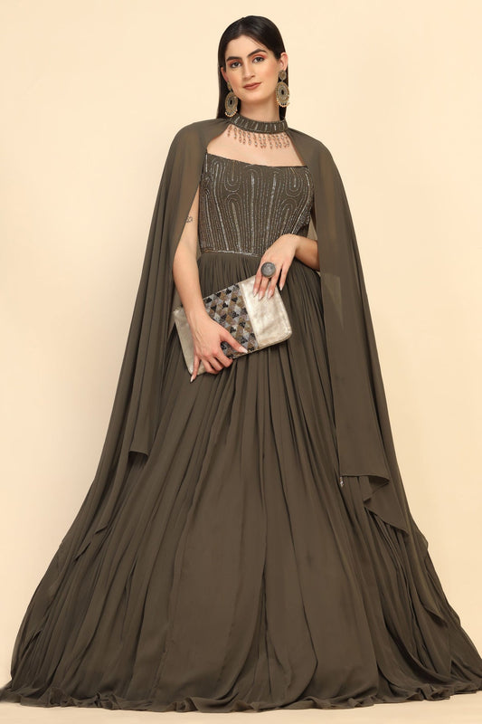 elite olive embroidered cocktail gown