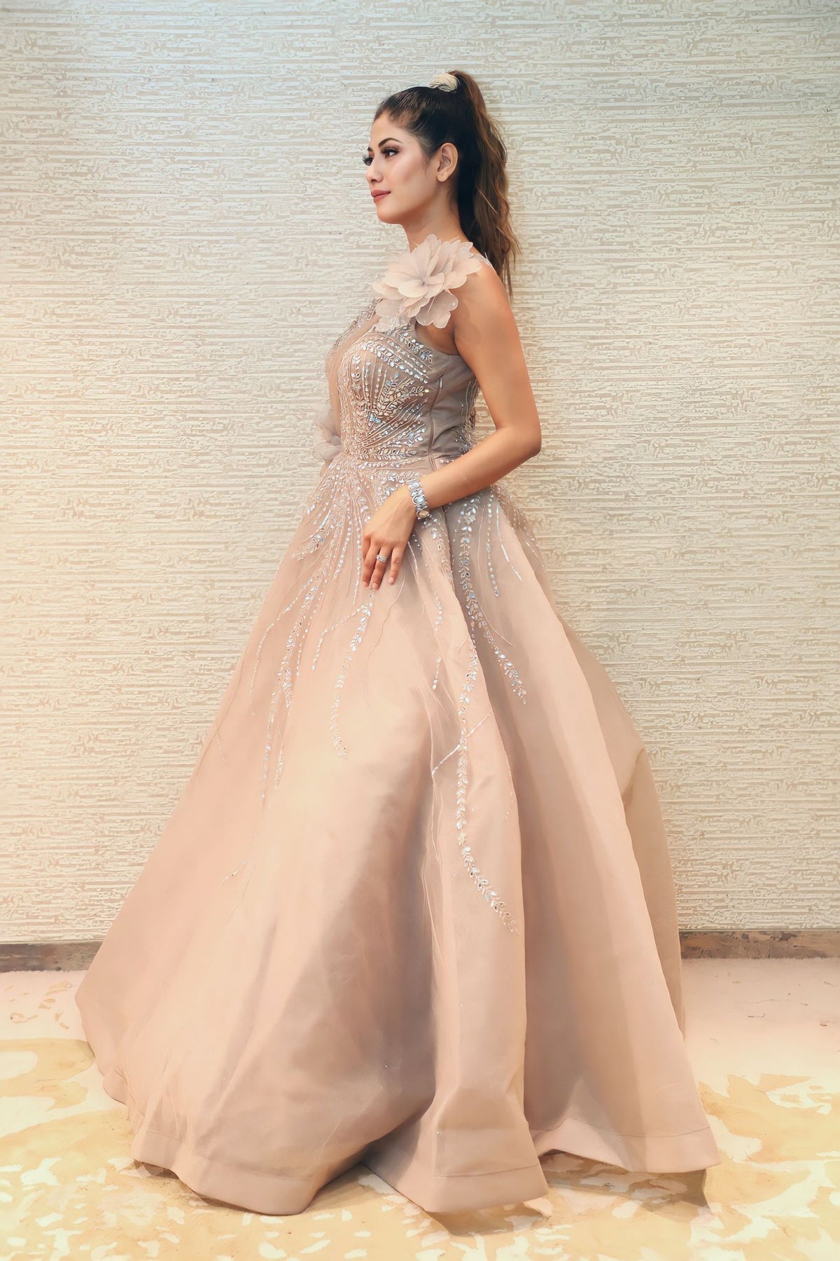 trendy peach color floral motif embroidered gown