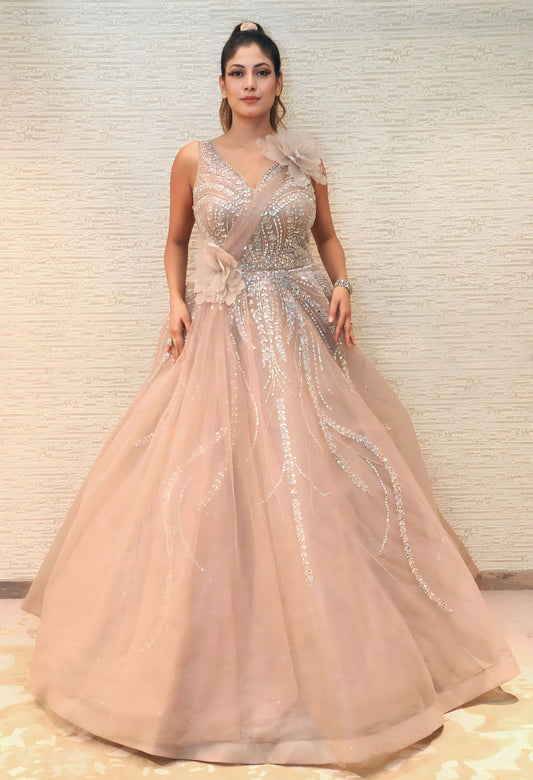 trendy peach color floral motif embroidered gown