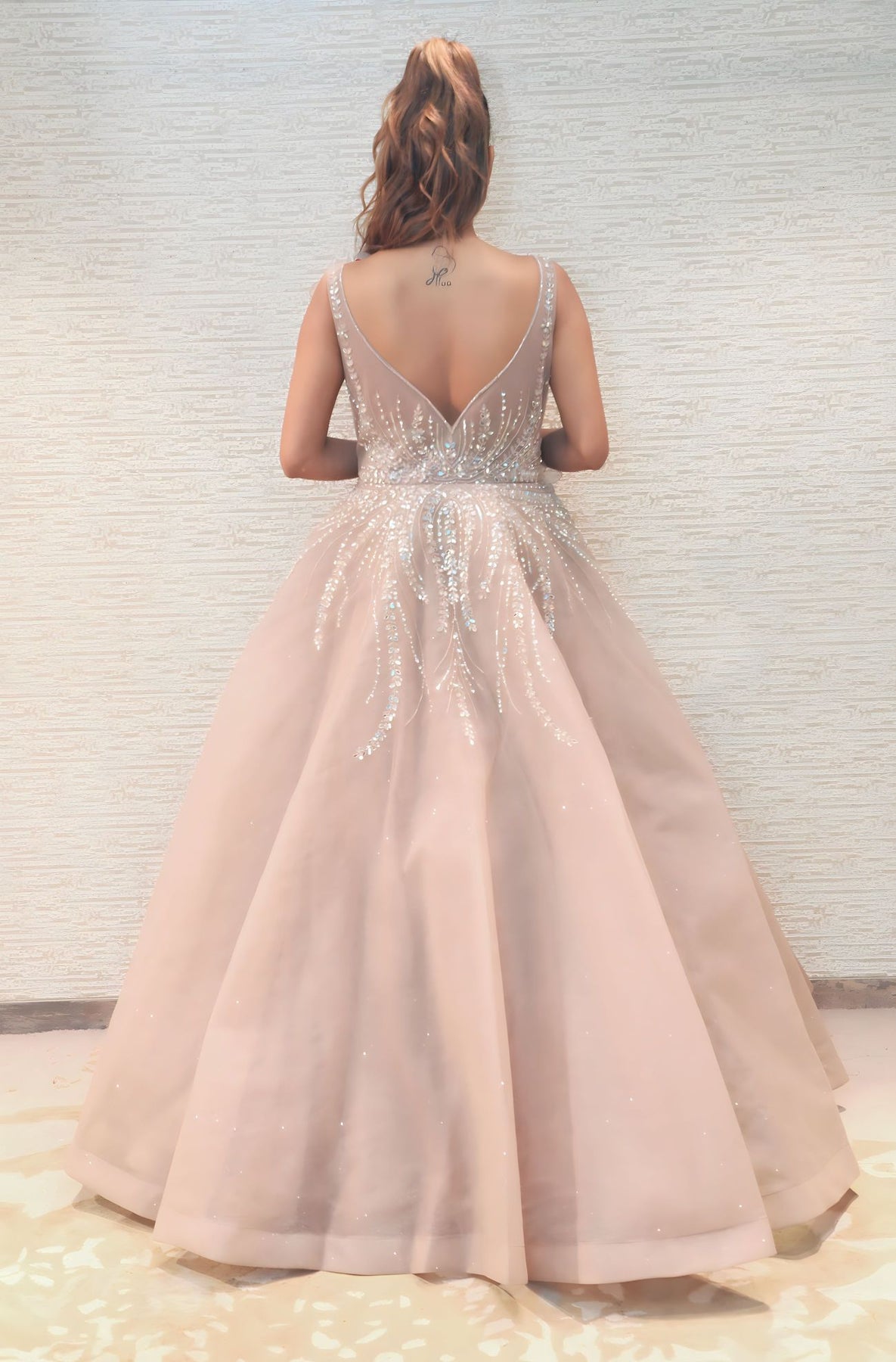 trendy peach color floral motif embroidered gown