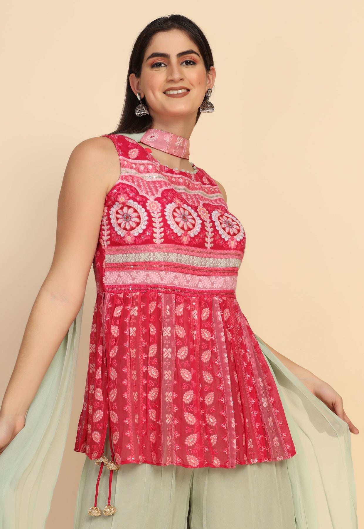 Gorgeous Pink & green Floral motif embroidered sharara set