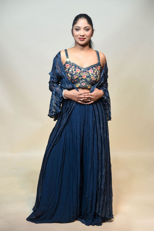 classic royal blue floral motif sharara set