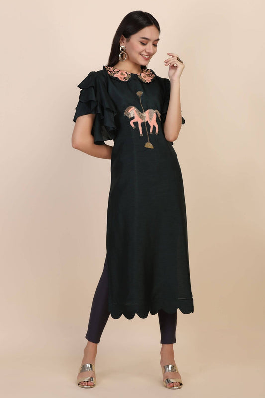 DARK Green Kurti with embellishments