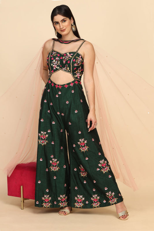 classy green color floral motif embroidered crop top set