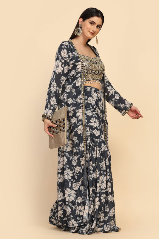 Beautiful blue color floral motif printed jacket and top