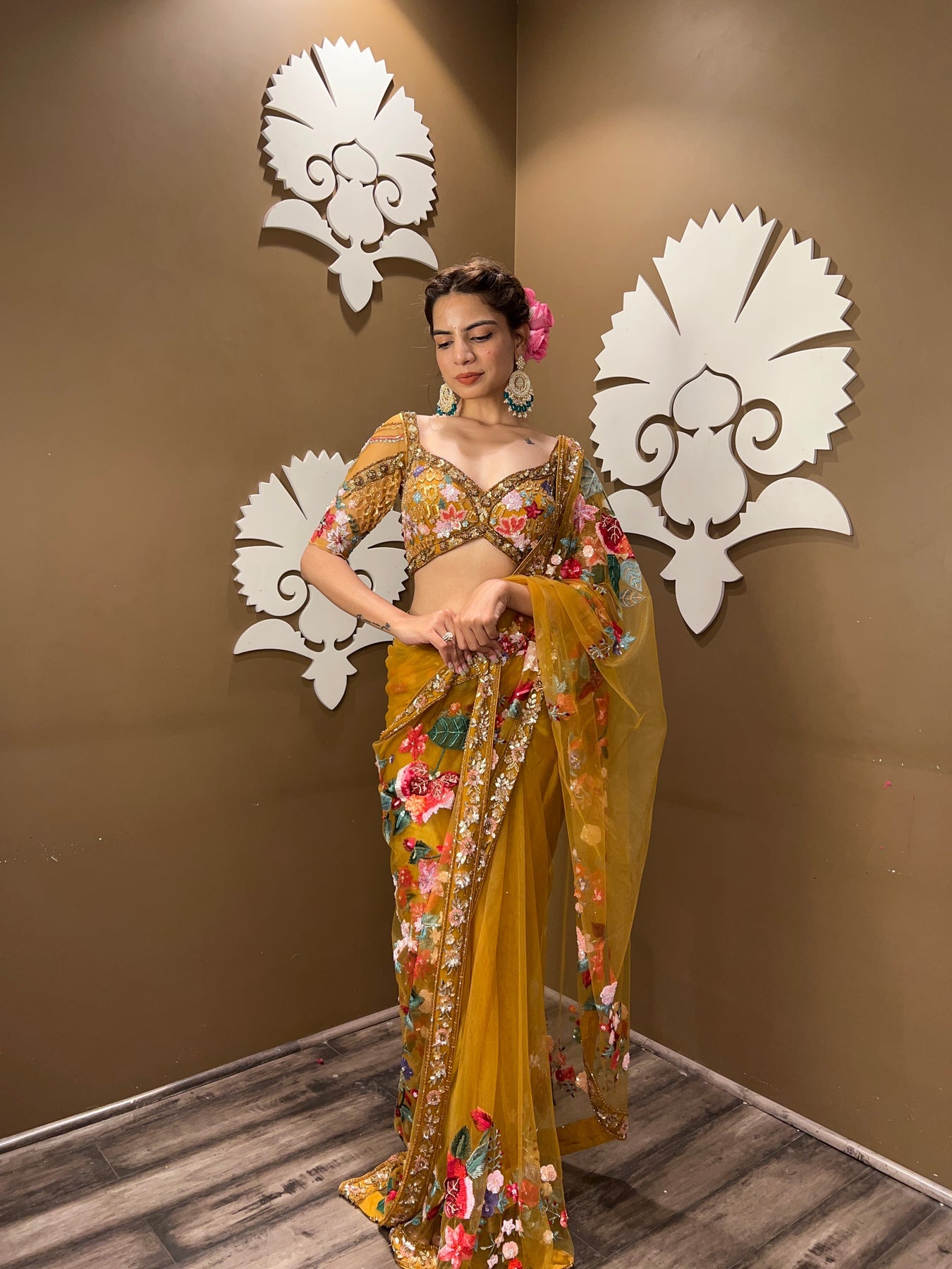 Beautiful mustard color floral motif embroidered saree