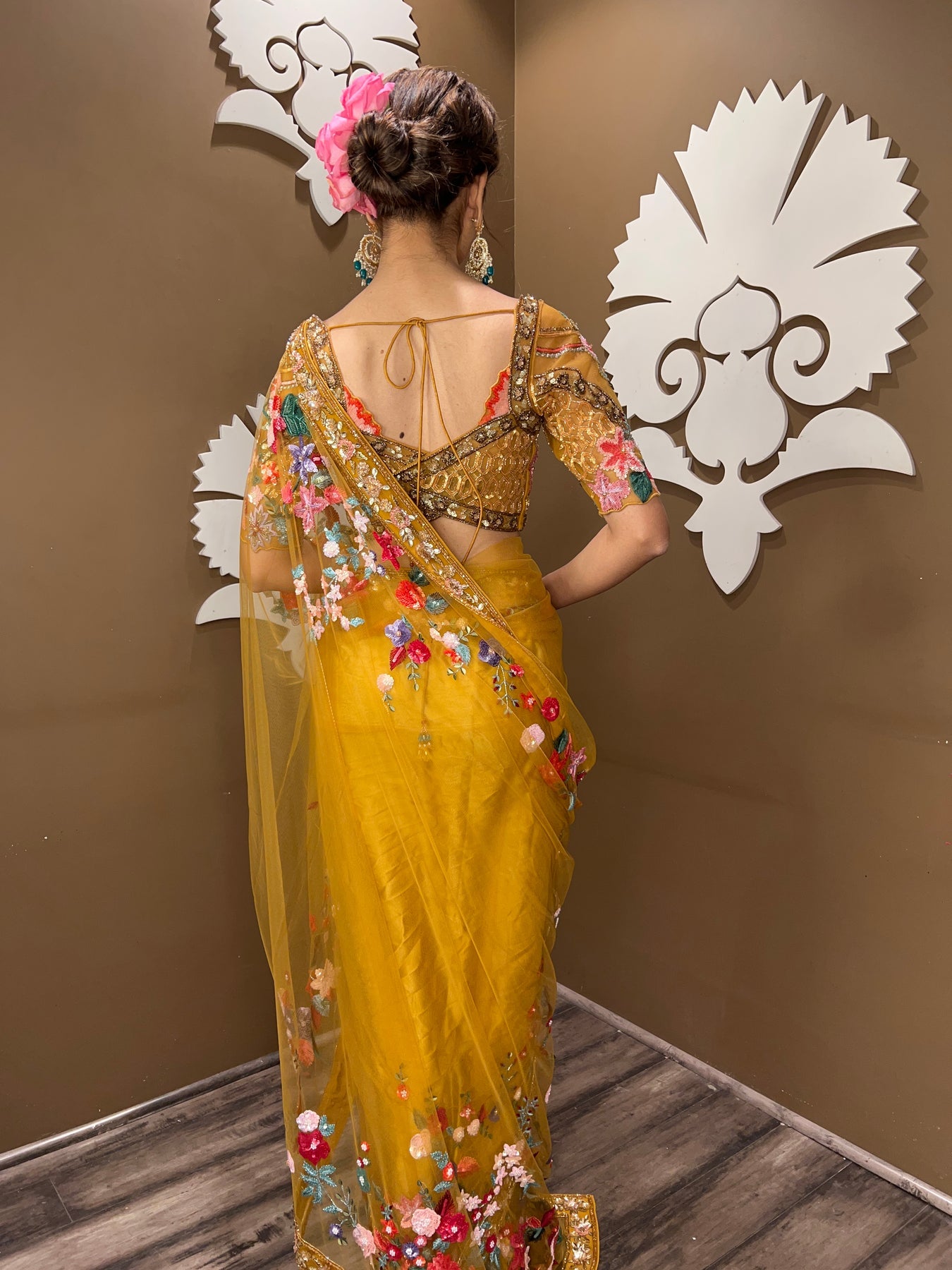 Beautiful mustard color floral motif embroidered saree