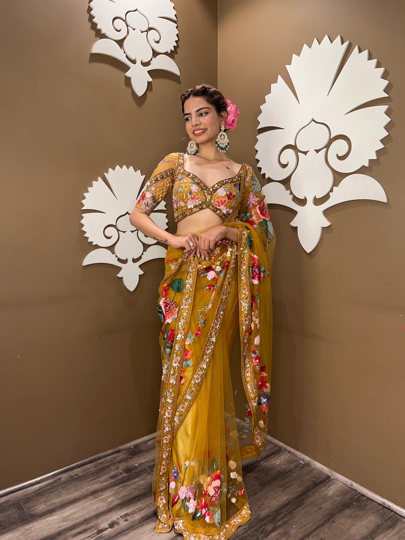 Beautiful mustard color floral motif embroidered saree